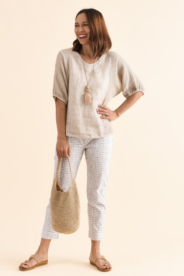 Air-Lite Taupe Spot Stretch Cropped Pants,Full Body,Brunette model,alt text|model:Cara