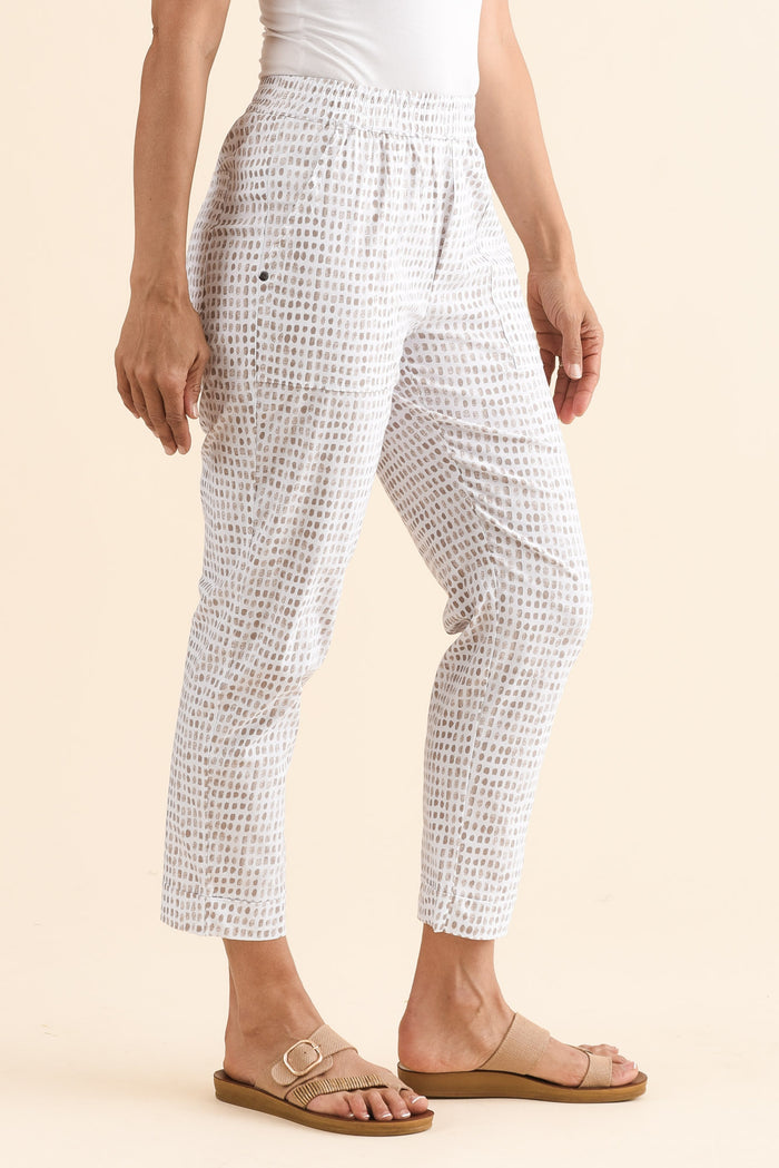 Air-Lite Taupe Spot Stretch Cropped Pants,Side,Brunette model,alt text|model:Cara