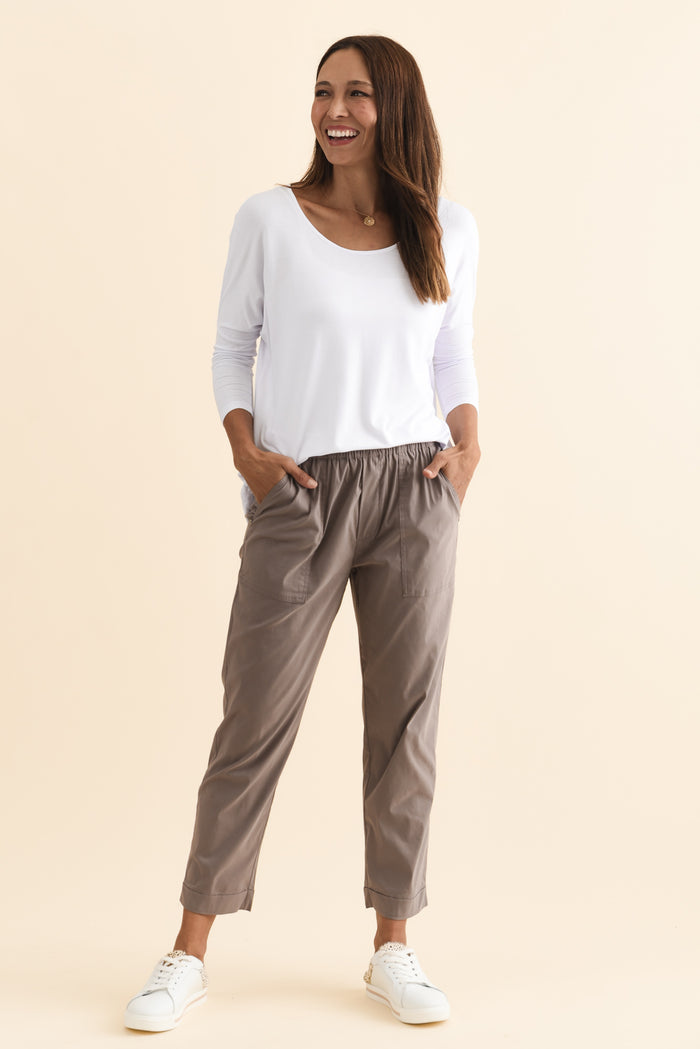 Air-Lite Taupe Stretch Cropped Pants,Brunette model,alt text|model:Cara