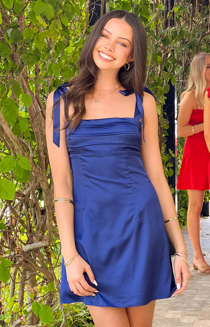 Beginning Boutique Akira Navy Tie Mini Dress navy square neck mini dress with tie shoulders and pintuck bodice