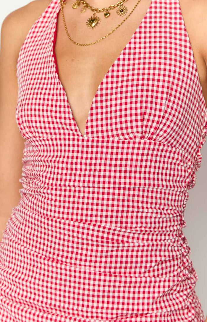 Alan Red Gingham Halter Mini Dress