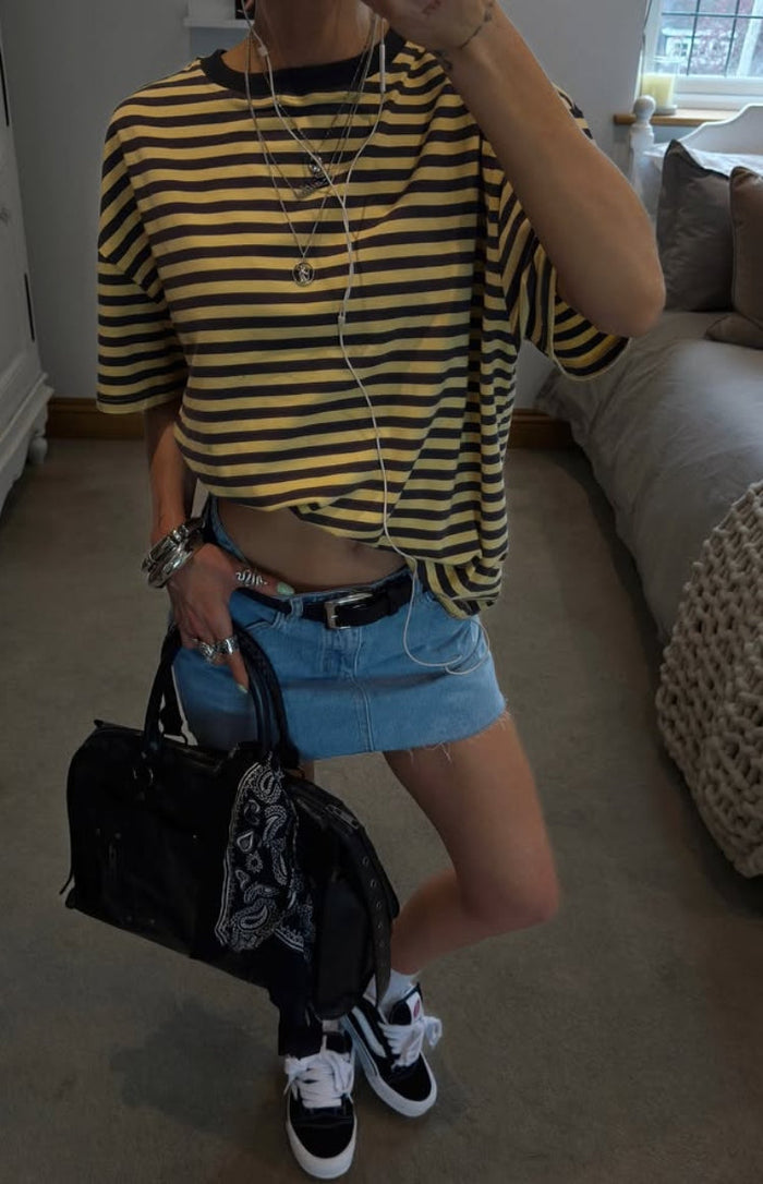 Beginning Boutique Alba Yellow Stripe Oversized Tee yellow and black stripe oversized tee with a crew neck and short sleeves