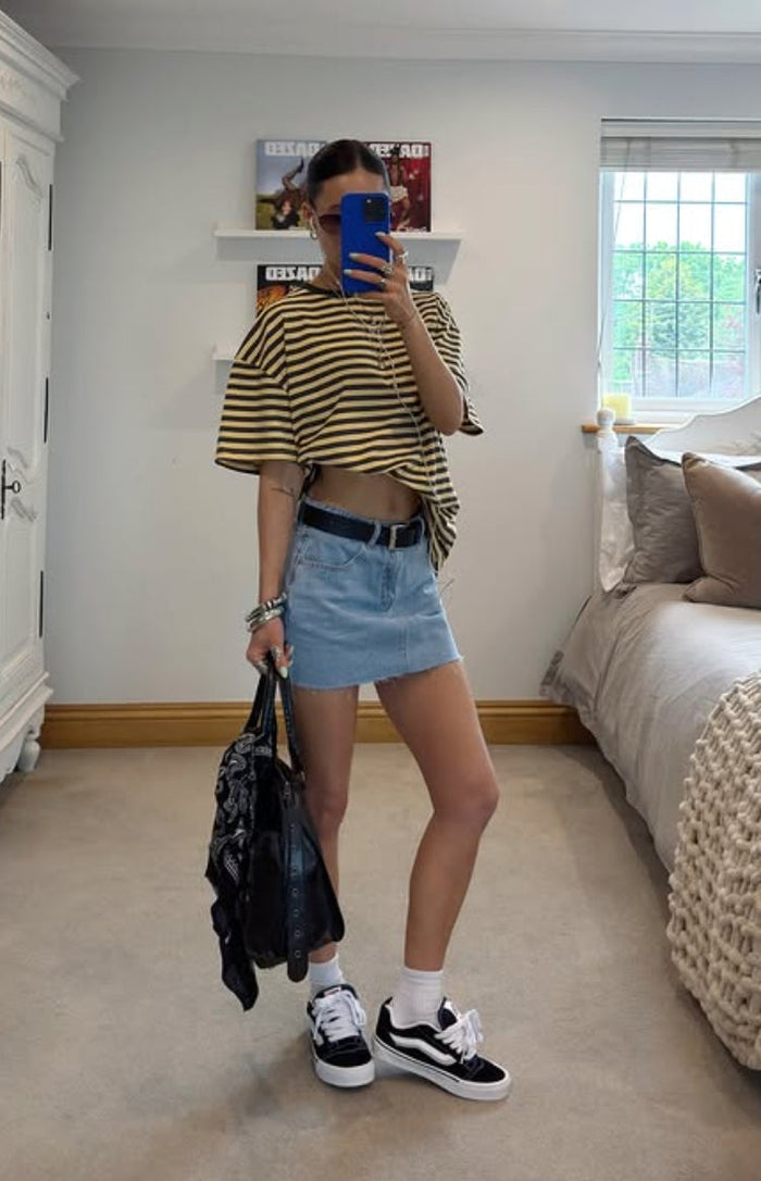 Yellow and black horizontal stripe oversized tee with a relaxed, boxy fit and wide short sleeves