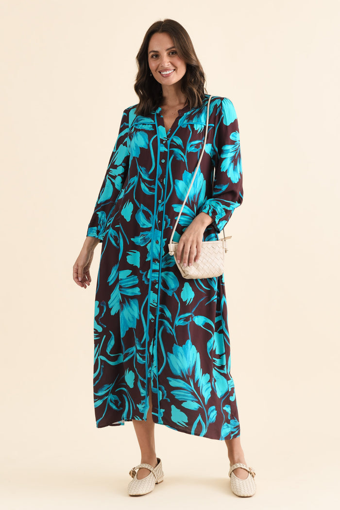 Albury Blue Floral Tie Dress,brunette model,Front of Outfit,alt text|model:MJ