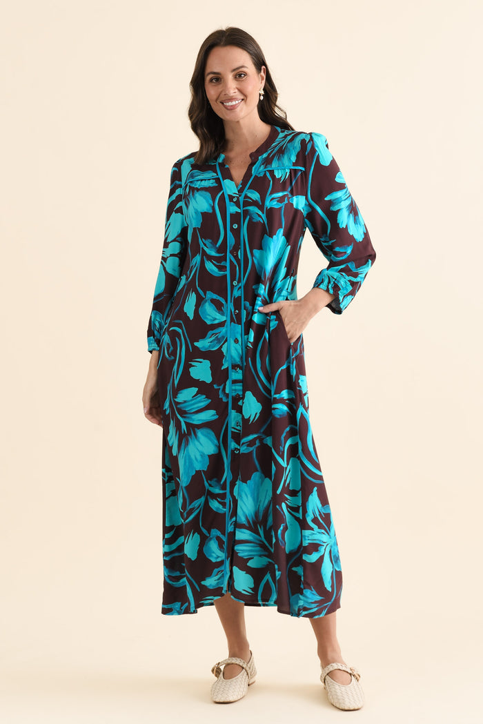 Albury Blue Floral Tie Dress,brunette model,Full Outfit,alt text|model:MJ