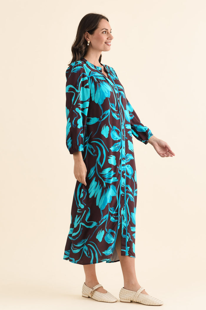 Albury Blue Floral Tie Dress,brunette model,Side of Outfit,alt text|model:MJ
