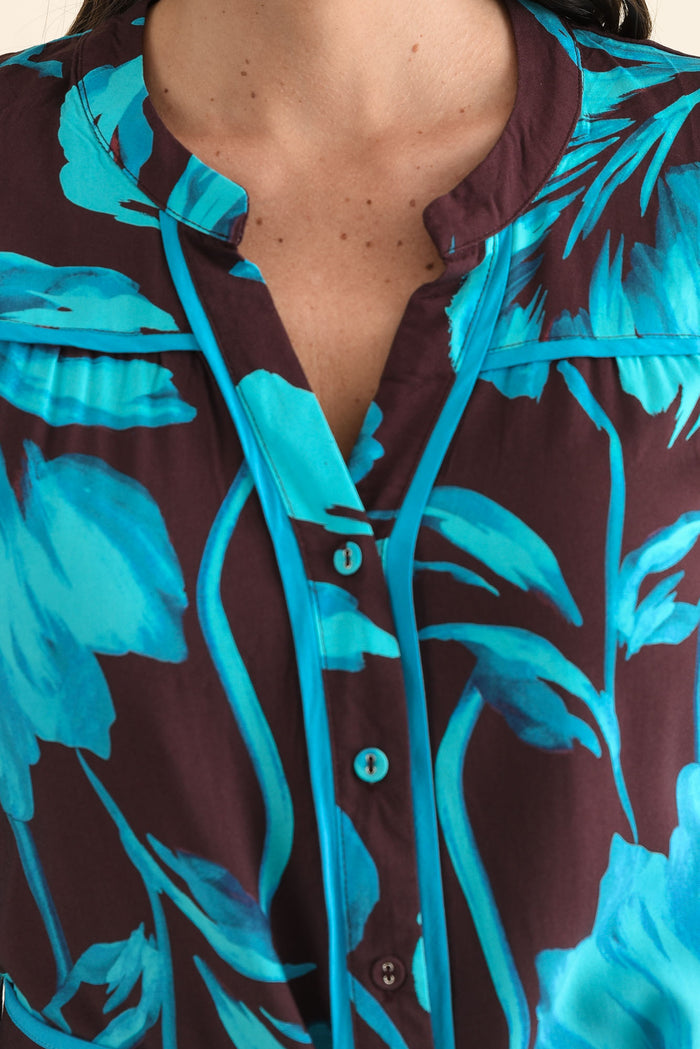 Albury Blue Floral Tie Dress,brunette model,Close up of outfit,alt text|model:MJ