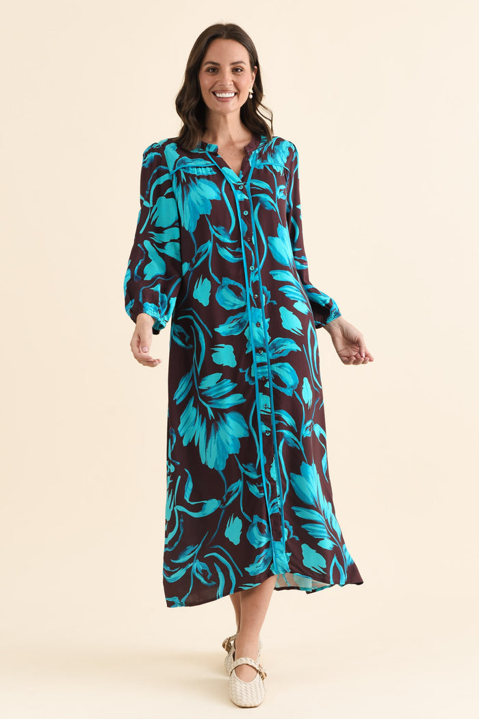 Albury Blue Floral Tie Dress,brunette model,Full Outfit,alt text|model:MJ