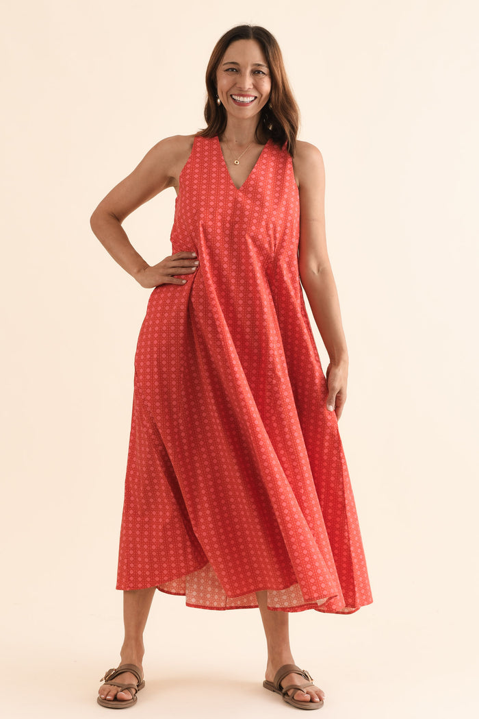 Aleta Orange Check Cotton Sleeveless Dress,Front,Brunette model,alt text|model:Cara