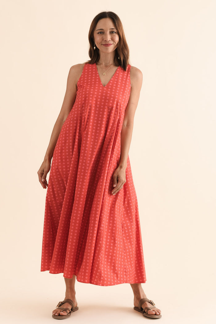 Aleta Orange Check Cotton Sleeveless Dress,Full Body,Brunette model,alt text|model:Cara