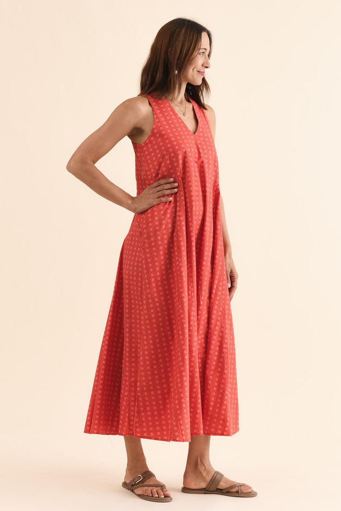 Aleta Orange Check Cotton Sleeveless Dress,Side,Brunette model,alt text|model:Cara