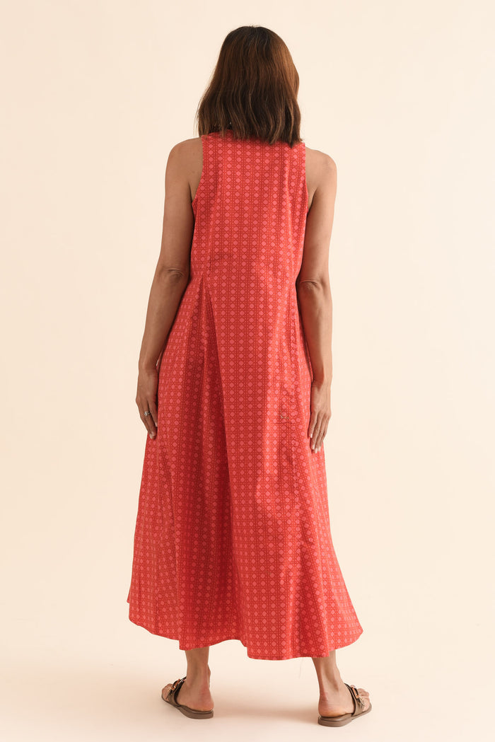 Aleta Orange Check Cotton Sleeveless Dress,Back,Brunette model,alt text|model:Cara