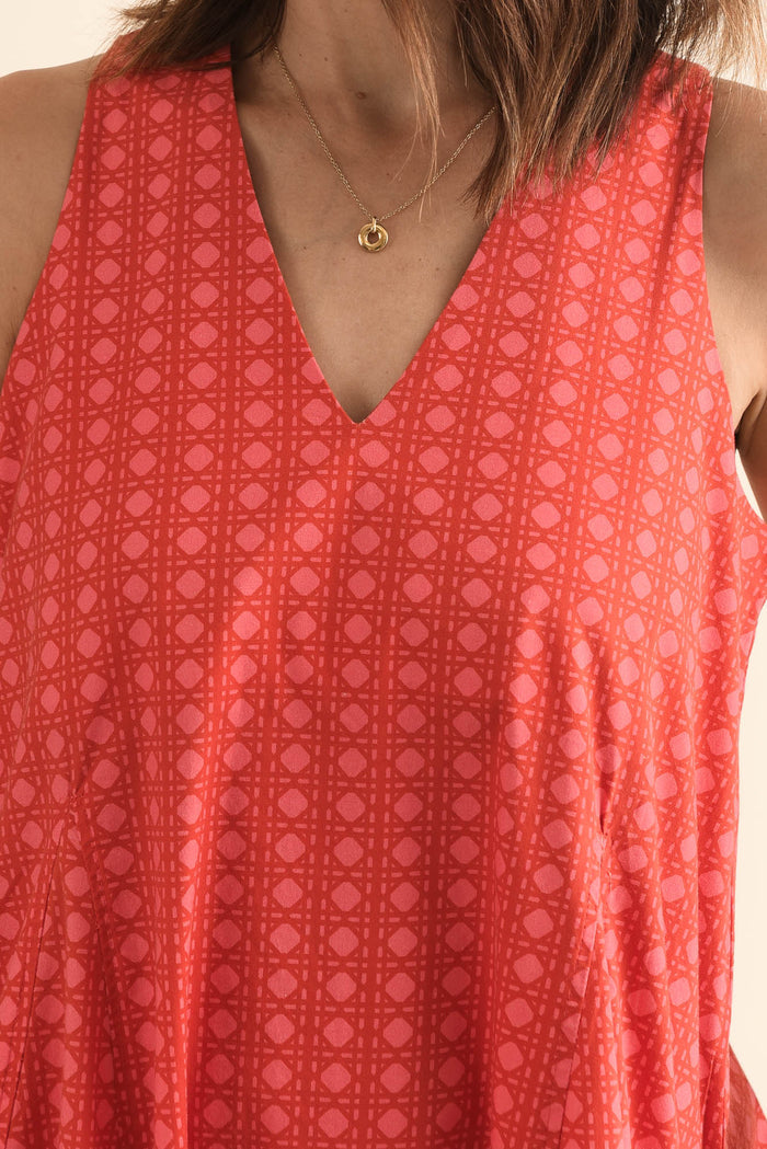 Aleta Orange Check Cotton Sleeveless Dress,Detail,Brunette model,alt text|model:Cara