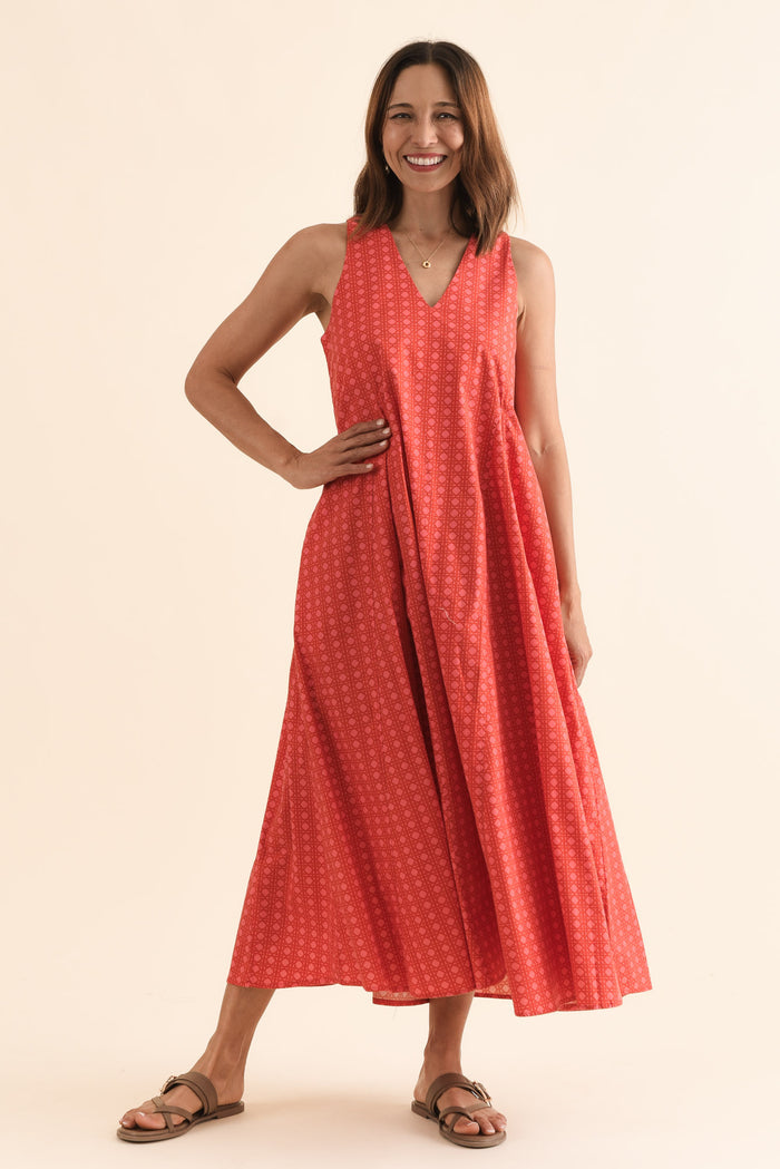 Aleta Orange Check Cotton Sleeveless Dress,Full Body,Brunette model,alt text|model:Cara