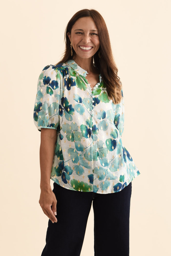 Alexandra Green Flower Button Top,Brunette model,alt text|model:Cara