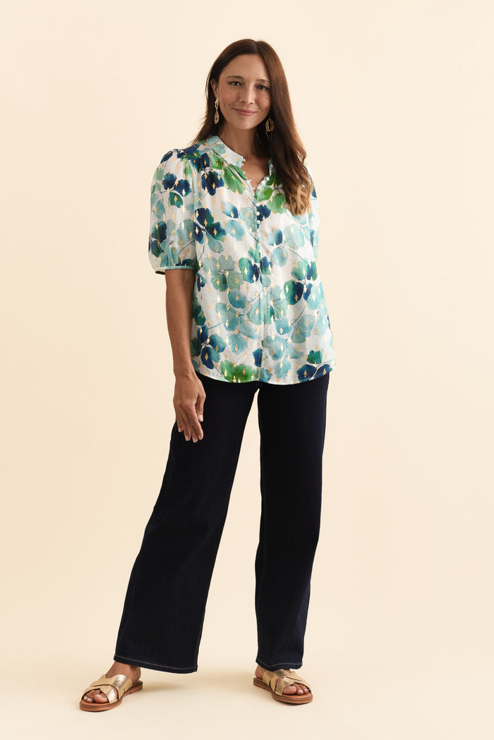 Alexandra Green Flower Button Top,Brunette model,alt text|model:Cara