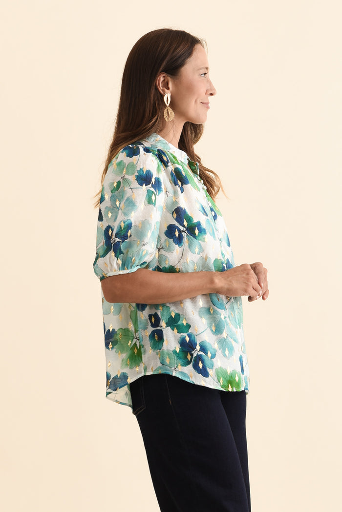 Alexandra Green Flower Button Top,Brunette model,alt text|model:Cara
