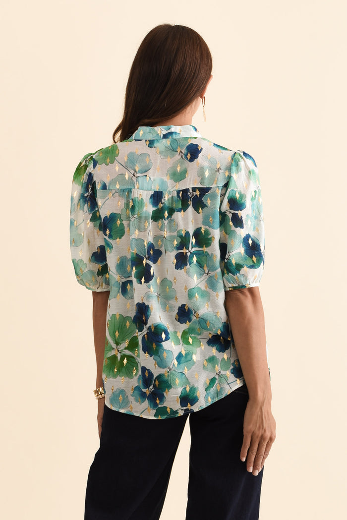 Alexandra Green Flower Button Top,Brunette model,alt text|model:Cara