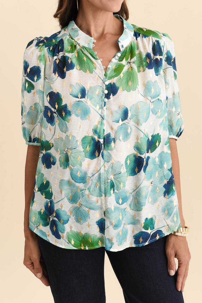 Alexandra Green Flower Button Top,Brunette model,alt text|model:Cara