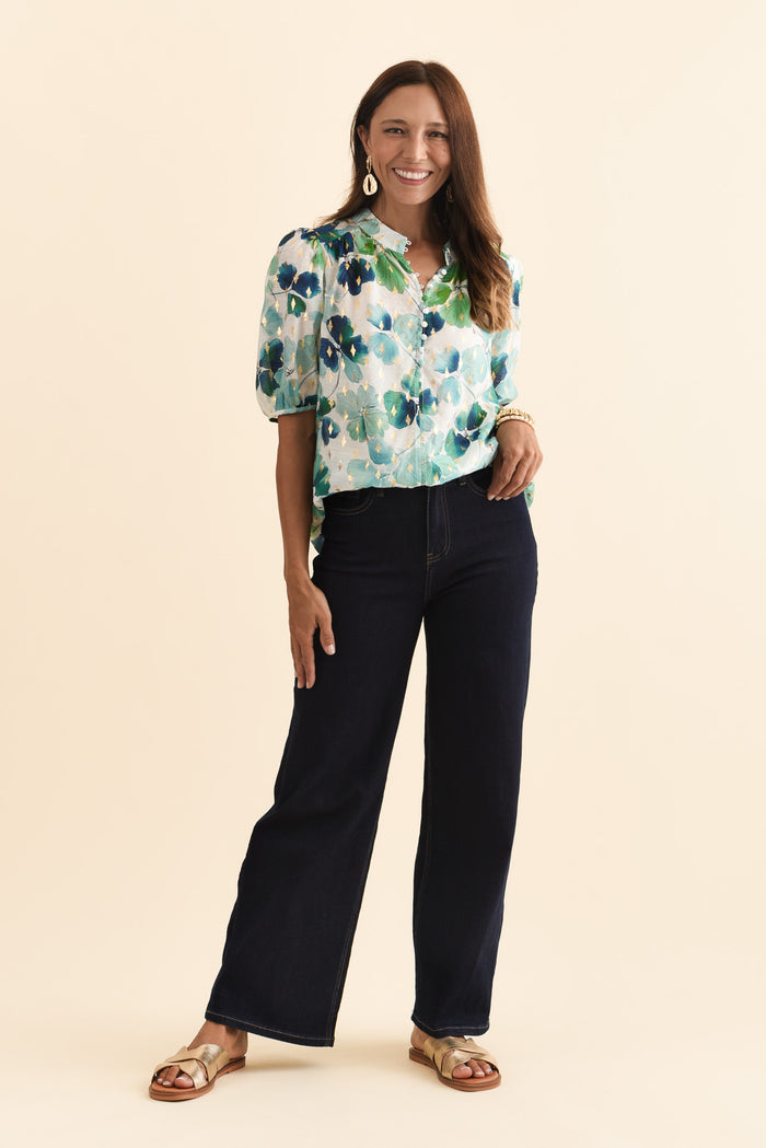 Alexandra Green Flower Button Top,Brunette model,alt text|model:Cara