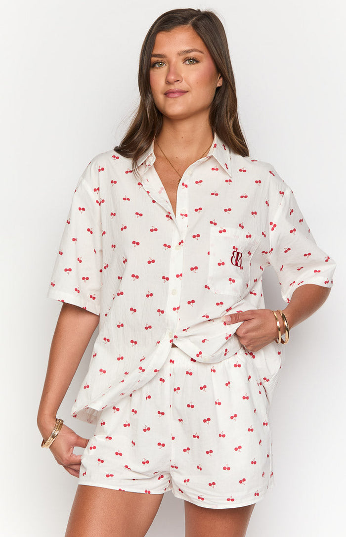 Beginning Boutique Alexea Cherry Print Pajama Shorts white red cherry print elasticated waist relaxed fit mini shorts