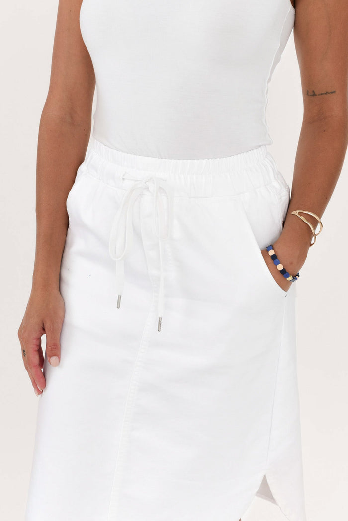 Alina White Denim Drawstring Skirt,Brunette model,alt text|model:Brontie