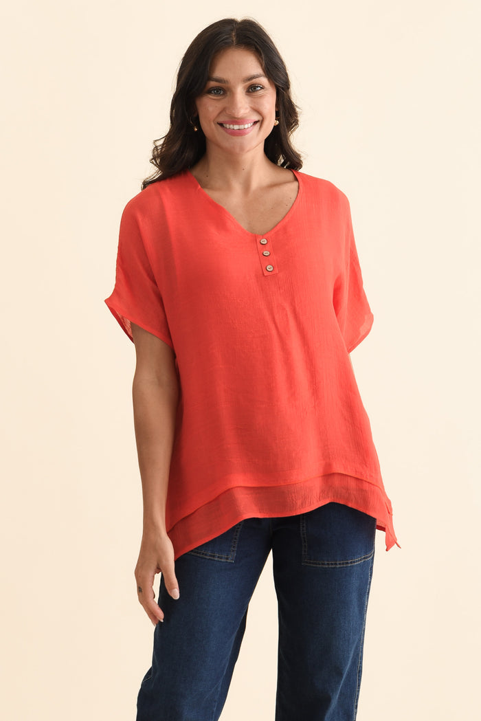 Alison Coral Layered Button Top,Brunette model,alt text|model:Brontie