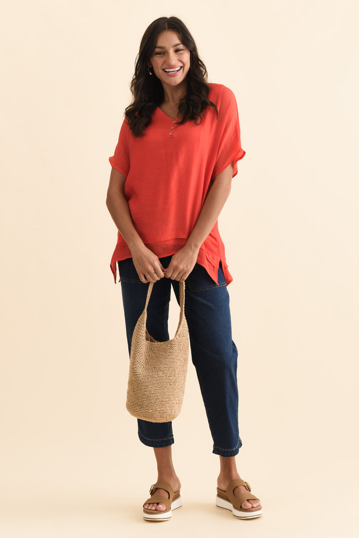 Alison Coral Layered Button Top,Brunette model,alt text|model:Brontie