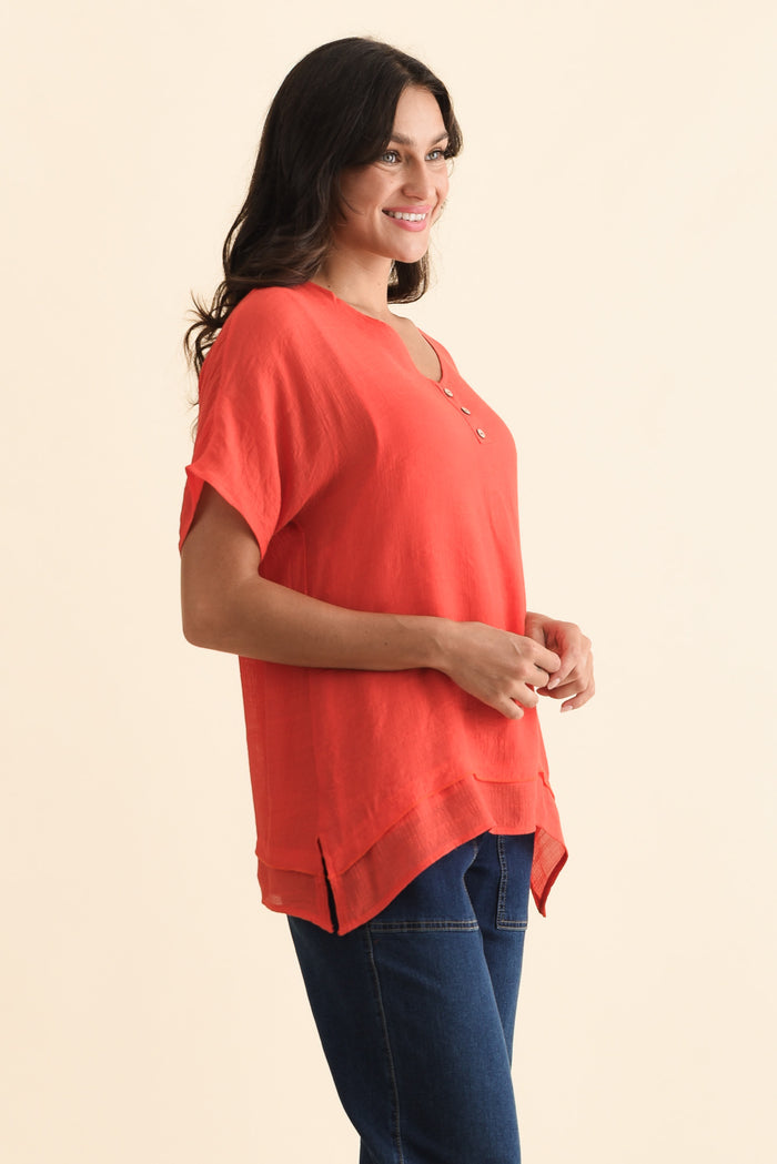 Alison Coral Layered Button Top,Brunette model,alt text|model:Brontie