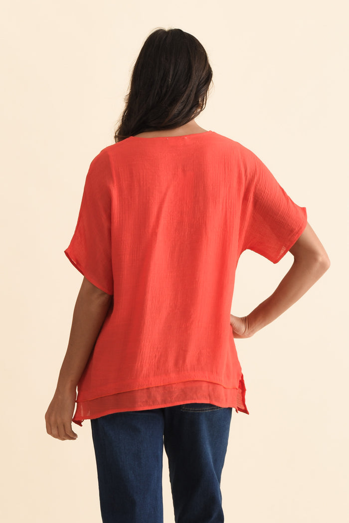 Alison Coral Layered Button Top,Brunette model,alt text|model:Brontie