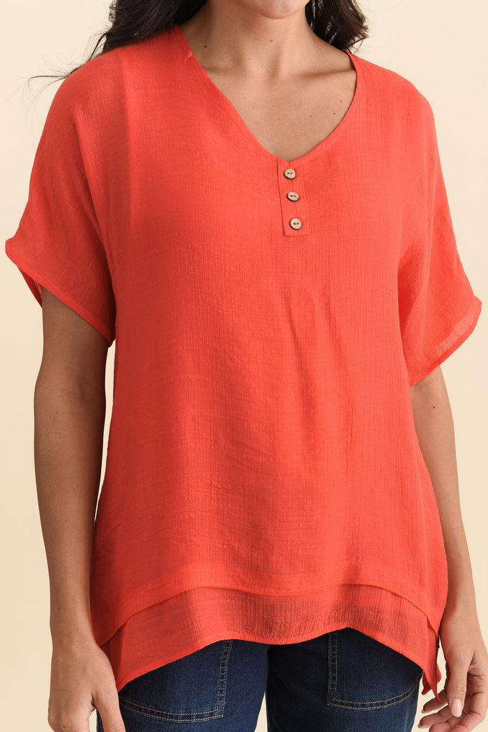 Alison Coral Layered Button Top,Brunette model,alt text|model:Brontie
