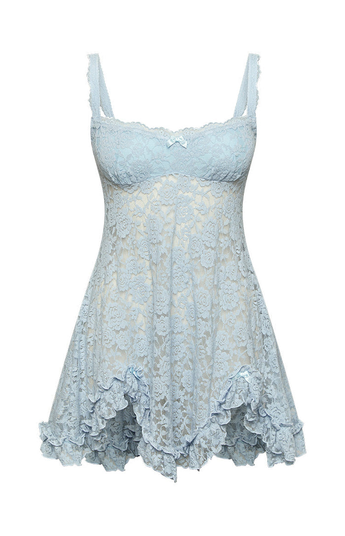 Front view of a light blue floral lace mini dress with scalloped sweetheart neckline, bust bow, and ruffled asymmetric hem