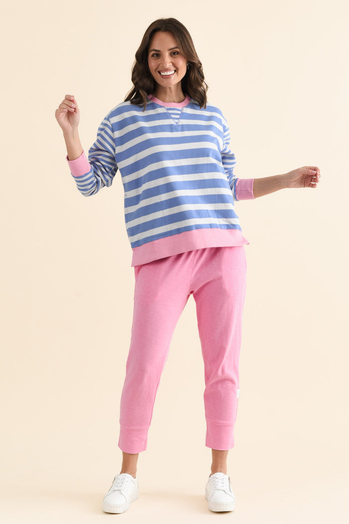 All Sorts Blue Stripe Crewneck Sweatshirt,brunette model,Full Outfit,alt text|model:MJ