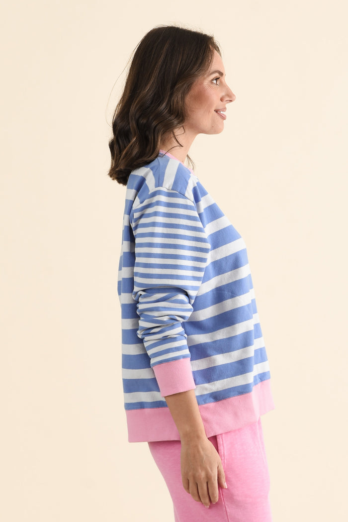All Sorts Blue Stripe Crewneck Sweatshirt,brunette model,Side of Outfit,alt text|model:MJ
