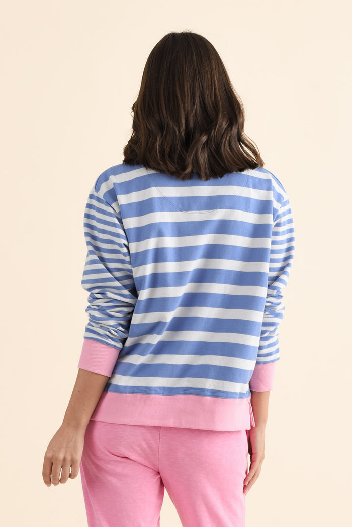 All Sorts Blue Stripe Crewneck Sweatshirt,brunette model,Back of Outfit,alt text|model:MJ