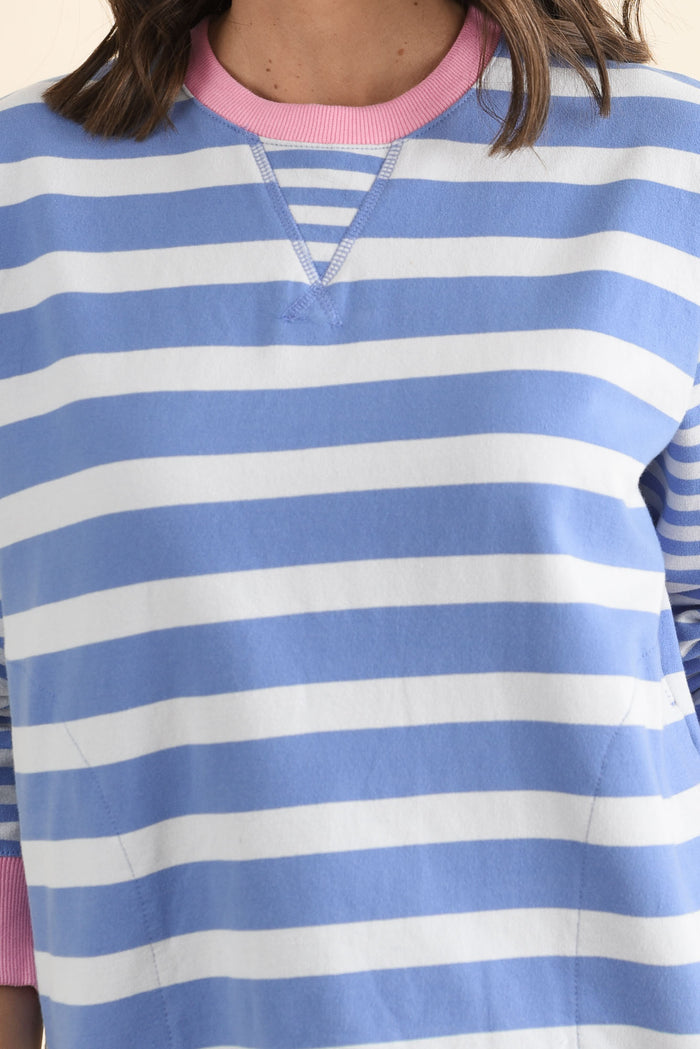All Sorts Blue Stripe Crewneck Sweatshirt,brunette model,Close up of outfit,alt text|model:MJ