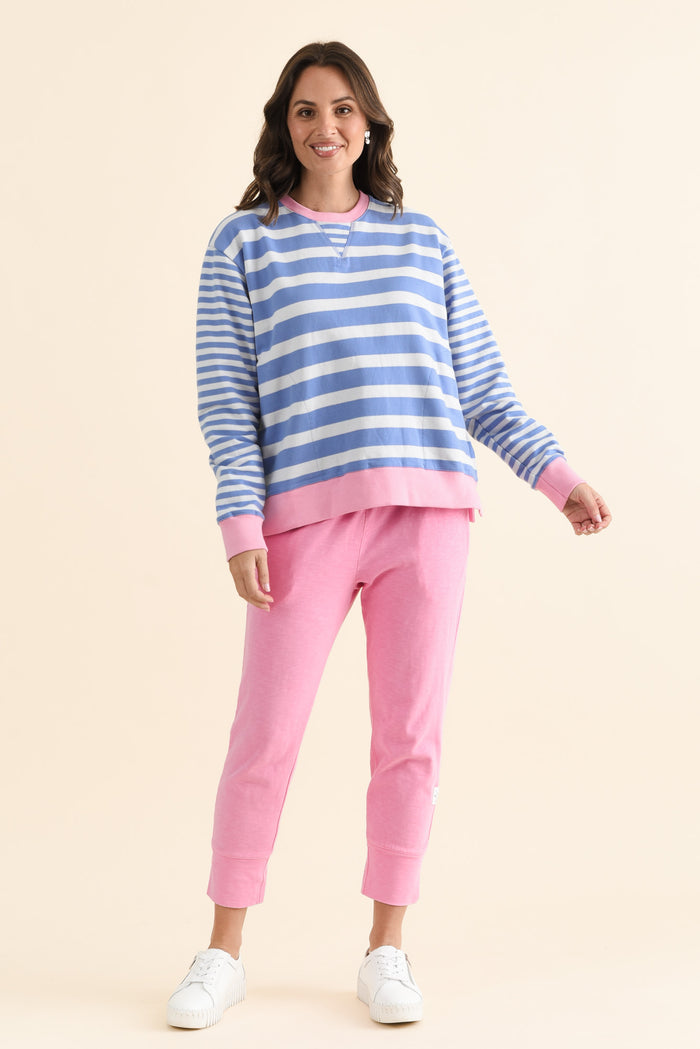 All Sorts Blue Stripe Crewneck Sweatshirt,brunette model,Full Outfit,alt text|model:MJ