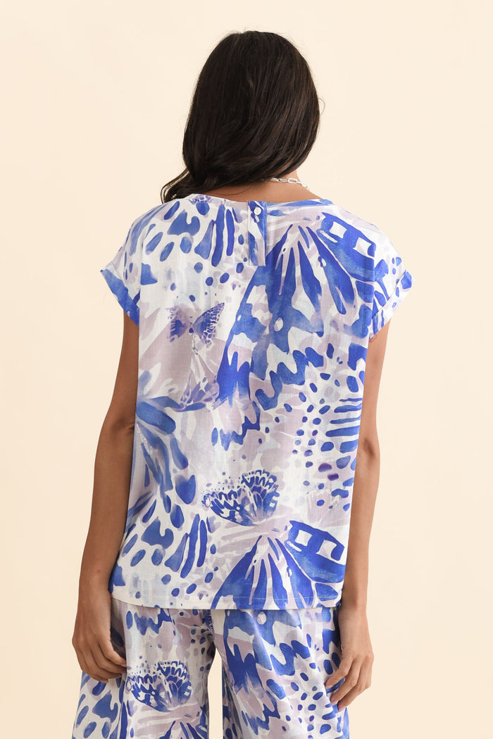Alta Cobalt Abstract Linen Cotton Top,Brunette model,alt text|model:Brontie