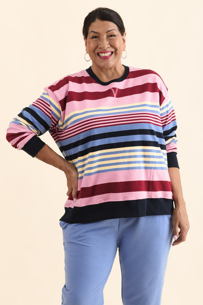 Alva Pink Stripe Cotton Sweatshirt,Front,Brunette model,alt text|model:Pilita