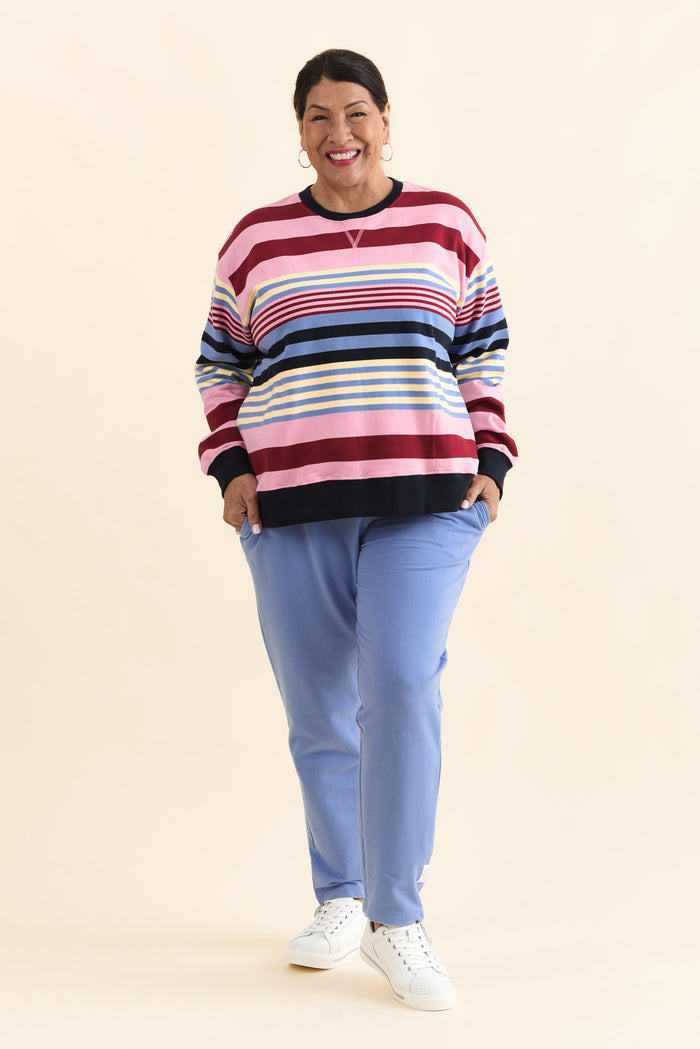 Alva Pink Stripe Cotton Sweatshirt,Full Body,Brunette model,alt text|model:Pilita