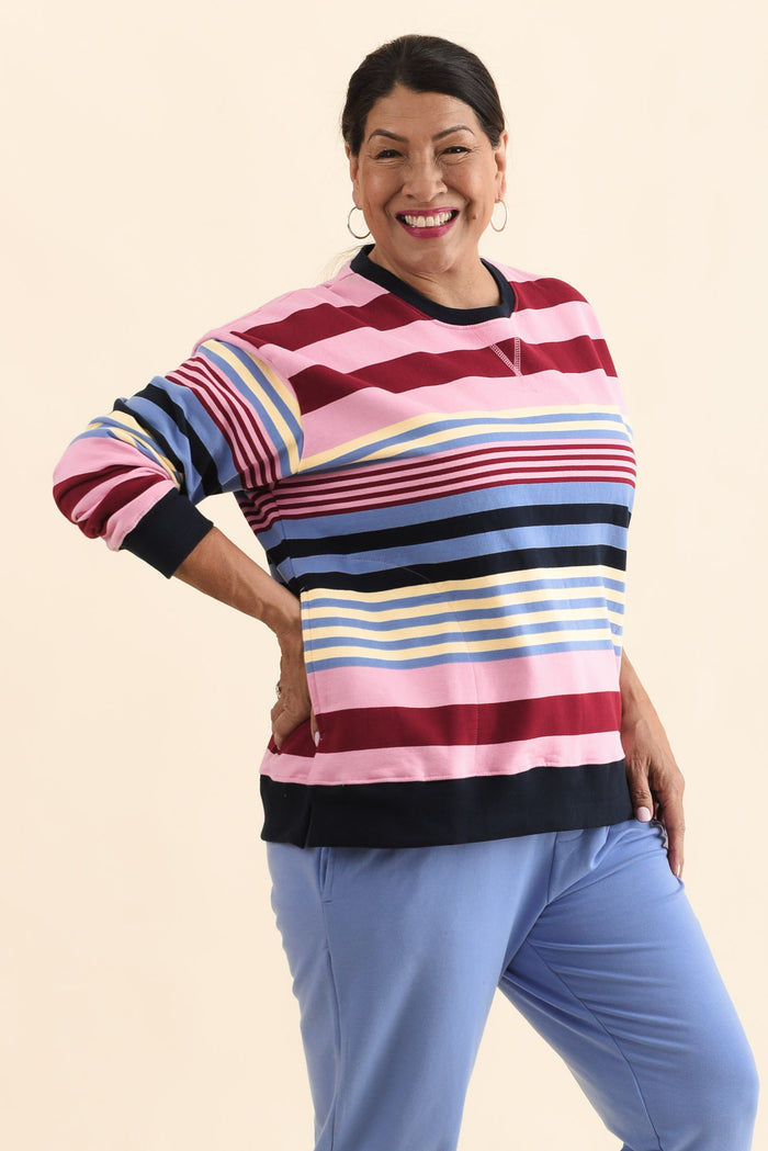Alva Pink Stripe Cotton Sweatshirt,Side,Brunette model,alt text|model:Pilita