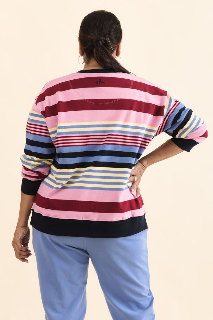 Alva Pink Stripe Cotton Sweatshirt,Back,Brunette model,alt text|model:Pilita