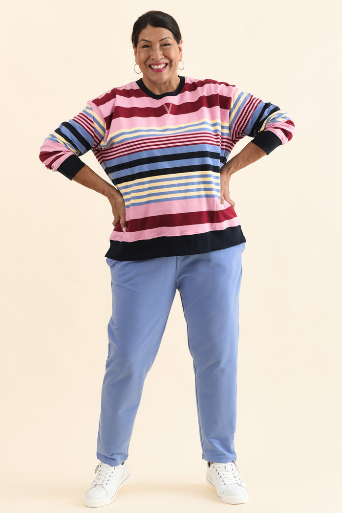 Alva Pink Stripe Cotton Sweatshirt,Full Body,Brunette model,alt text|model:Pilita