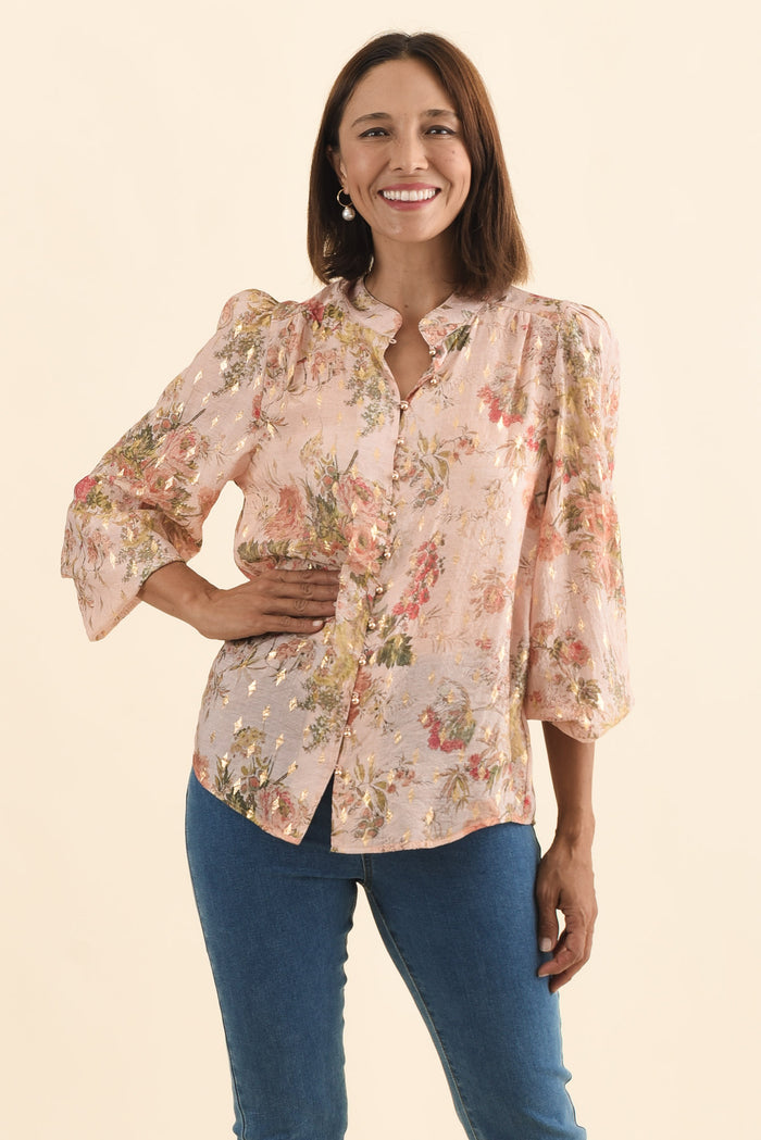 Alvarez Pink Garden Button Blouse,Brunette model,alt text|model:Cara