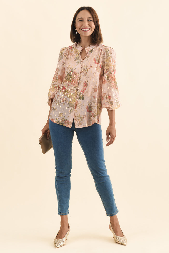 Alvarez Pink Garden Button Blouse,Brunette model,alt text|model:Cara