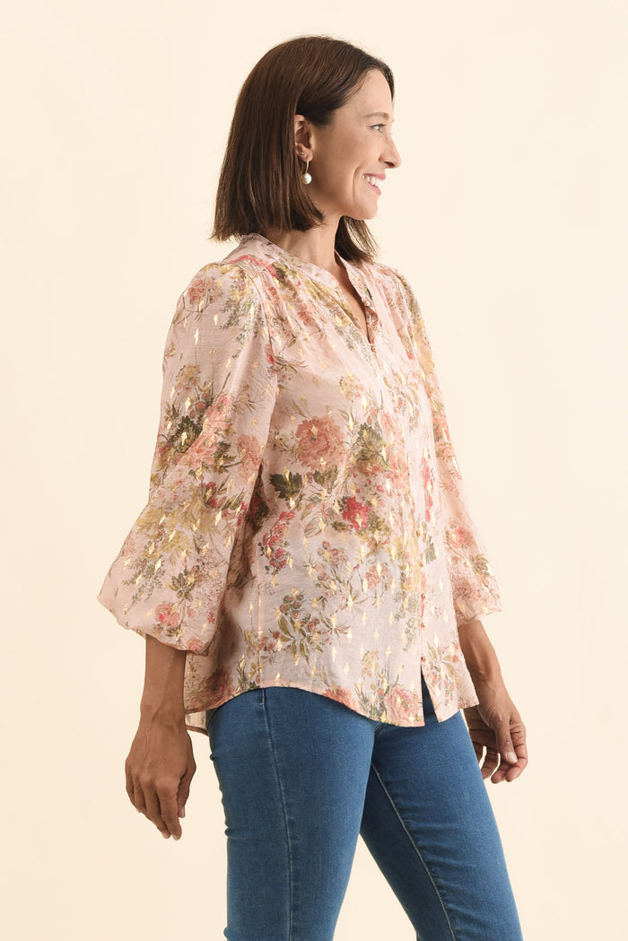 Alvarez Pink Garden Button Blouse,Brunette model,alt text|model:Cara