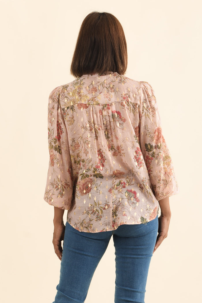 Alvarez Pink Garden Button Blouse,Brunette model,alt text|model:Cara