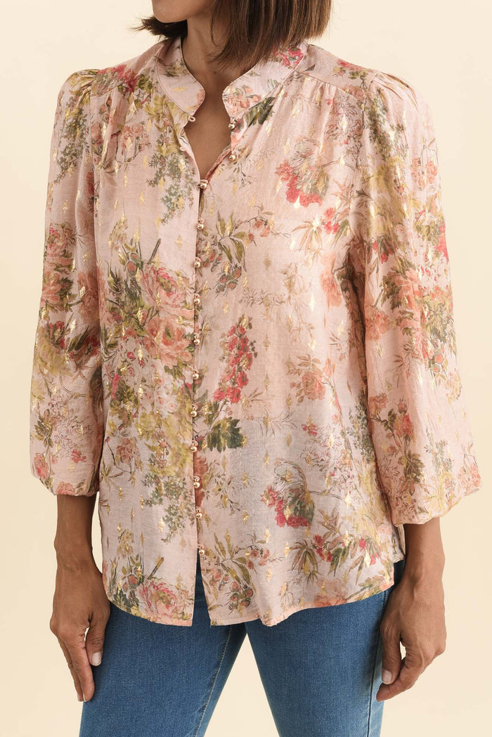 Alvarez Pink Garden Button Blouse,Brunette model,alt text|model:Cara