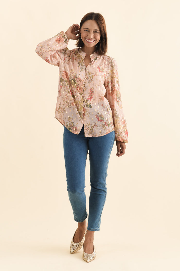 Alvarez Pink Garden Button Blouse,Brunette model,alt text|model:Cara