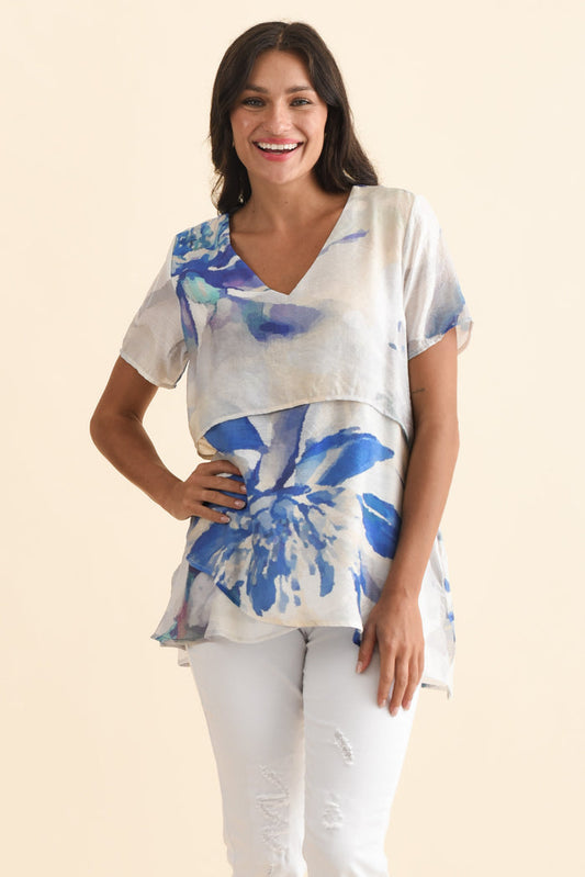 Alvina Blue Flower Layered Tunic Top,Brunette model,alt text|model:Brontie